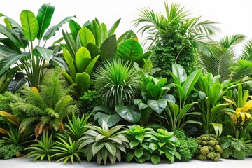 Fototapeta premium Lush Green Jungle Plants Set: A Panoramic View of Diverse Vegetation Featuring Group of Green Bushes Isolated on a Crisp White Background for Botanical Visuals and Nature Themes