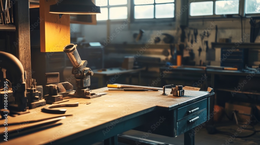 Poster a neat metalworking station in a well-lit workshop, metalworking tools and materials neatly arranged