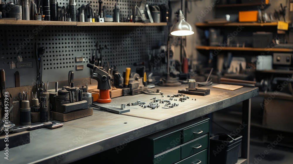 Poster a neat metalworking station in a well-lit workshop, metalworking tools and materials neatly arranged