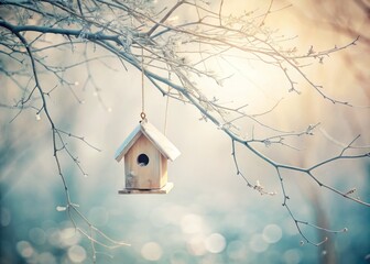 Minimalist Birdhouse Suspended from a Bare Branch Against a Soft, Neutral Background with a Double Exposure Effect for a Tranquil Nature Aesthetic