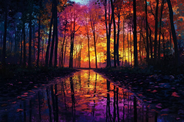 Obraz premium A painting of a forest with a river in the middle of it
