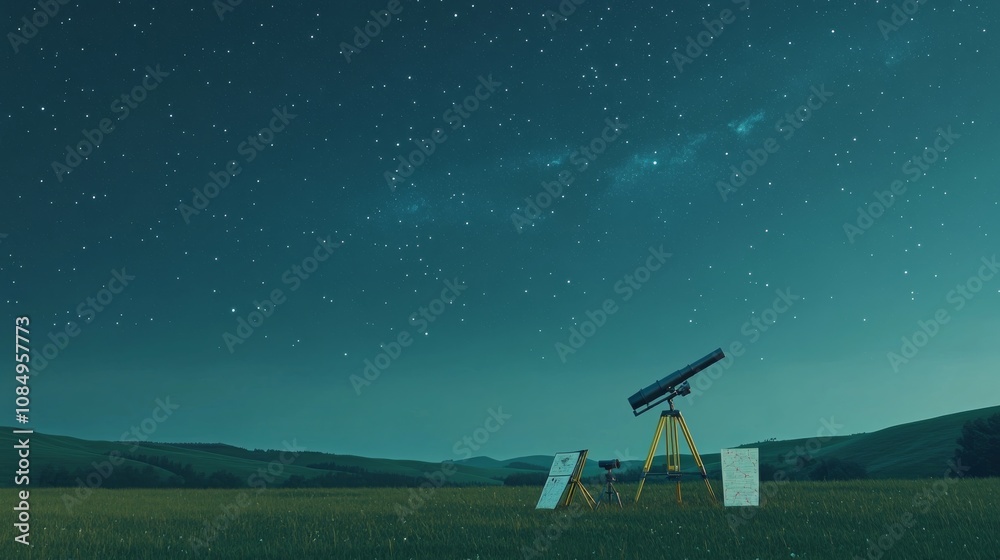 Poster a neat stargazing setup on a clear night, telescope and star charts neatly placed on a grassy field,