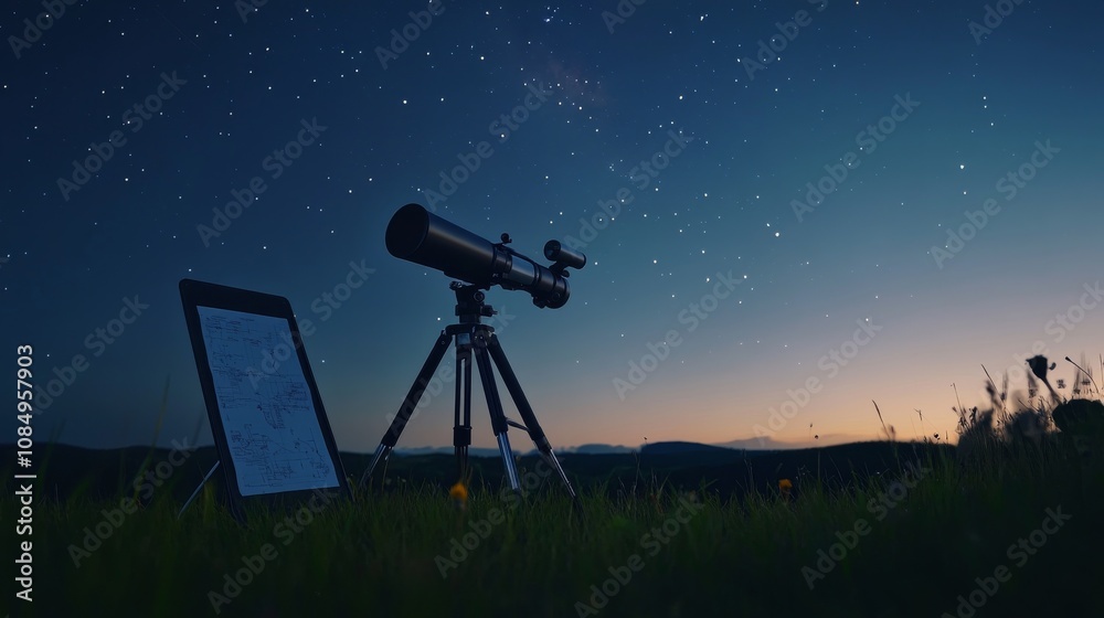 Poster a neat stargazing setup on a clear night, telescope and star charts neatly placed on a grassy field,