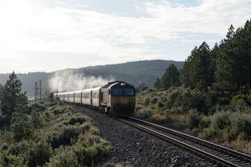 Obraz premium Scenic Railway Journey Through Lush Green Countryside Under Clear Blue Sky, Perfect for Wall Art or Home Decor