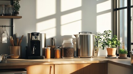 A neatly organized home brewing station with brewing equipment and ingredients, A clean, modern kitchen with natural light