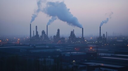 Industrial Complex with Smoke Plumes at Dusk