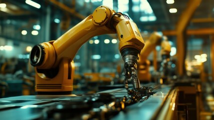 Close-up of a yellow robotic arm in an industrial setting