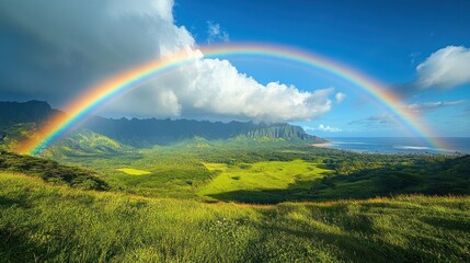 Fototapeta premium Vibrant rainbow arches over lush green valley and mountains.