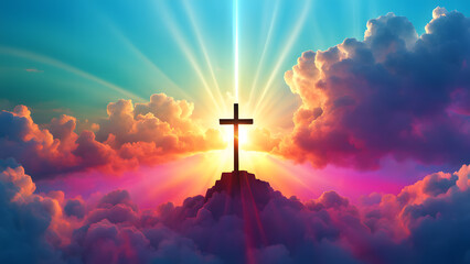 Fototapeta premium A cross is shining brightly in the sky above a cloud