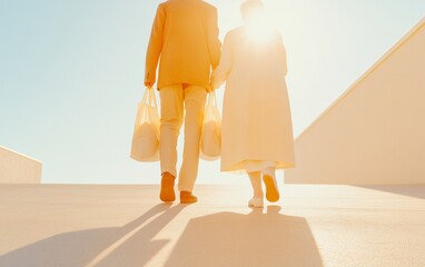 Celebrating National Pay Back Your Parents Day Son Assisting Mother with Groceries on a Bright, Sunlit Street – Ideal for Mothers Day, Thanksgiving