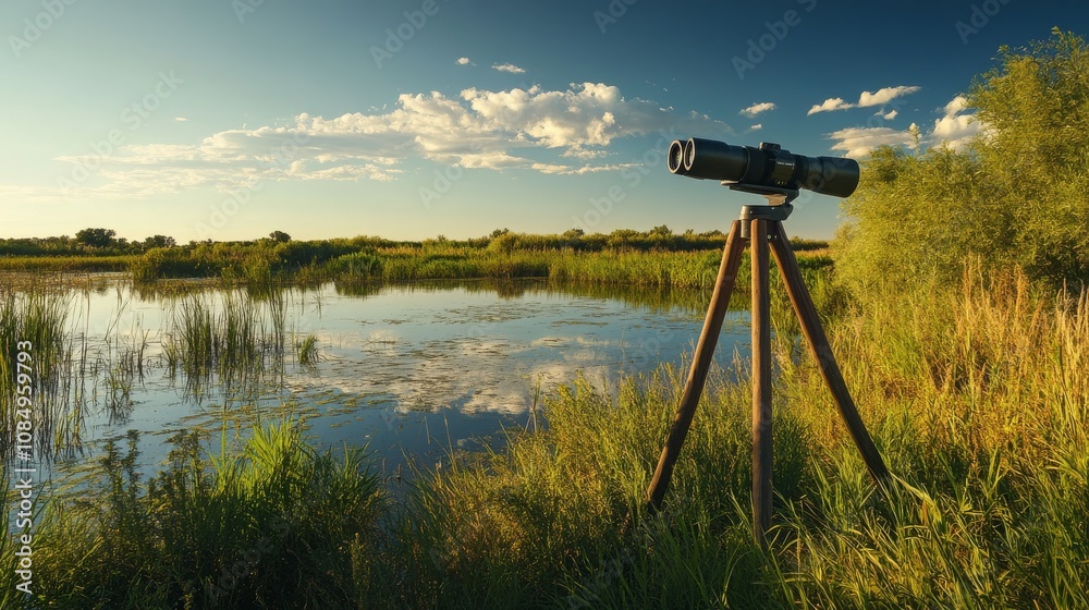 Poster a peaceful birdwatching hideout in a wetland reserve, binoculars and field guides systematically pla