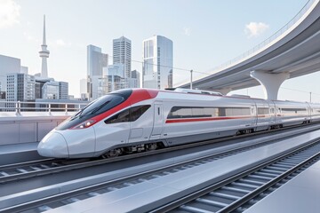 Fototapeta premium Modern High-Speed Train in Futuristic Cityscape, Perfect for Transportation and Infrastructure Projects