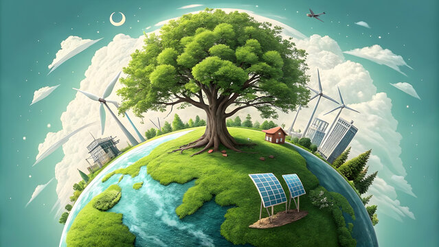 sustainabilityA green mini planet Earth with a vast tree, highlighting natural energy, climate control, and eco-friendly living through futuristic design elements (2)