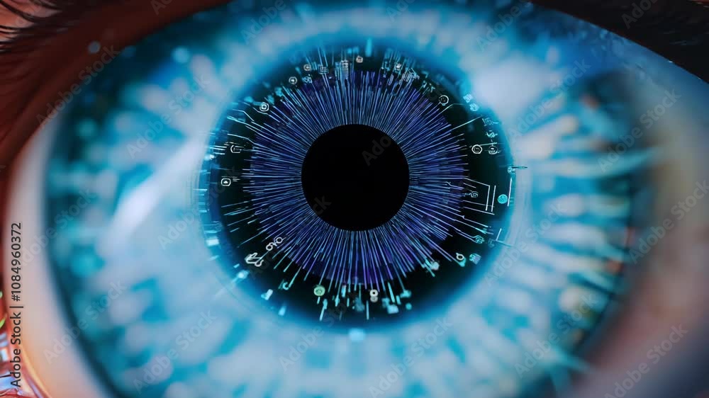 Poster Technology and science concept with cyber eye and circuit board depicting development of artificial intelligence or ai