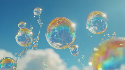 Rainbow Soap Bubbles Floating in Blue Sky  Illustration