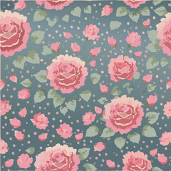 Seamless floral pattern with pink roses and leaves on blue background