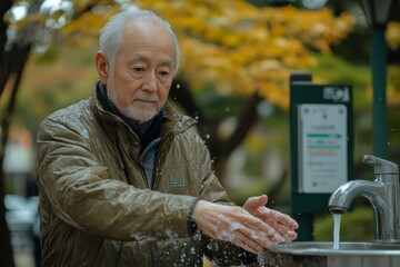 Elderly Man Practicing Hand Hygiene in Park for World Toilet Day - Soft Lighting and Clear Signage