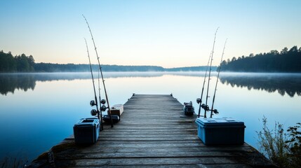 Obraz premium A peaceful fishing dock with carefully arranged fishing rods and tackle boxes, Tranquil waters reflecting the early morning light, Minimalist lakeside style