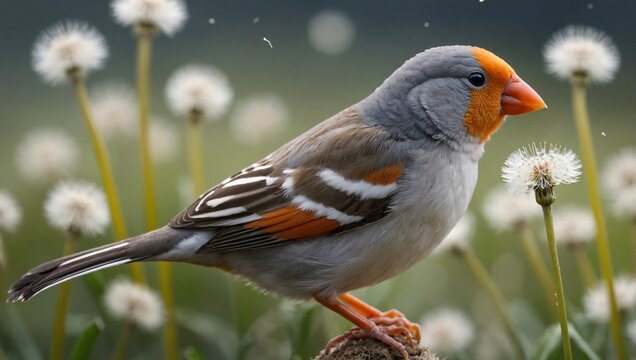 A whimsical zebra finch bird sitting on a delicate dandelion, its tiny feet gripping the fluffy white seeds as it gazes up at the sky.
