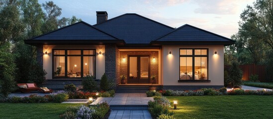 Obraz premium Modern house with stone exterior and a landscaped yard.