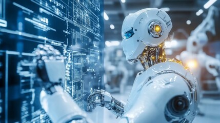 Fototapeta premium Futuristic Robot Interacting with Digital Interface