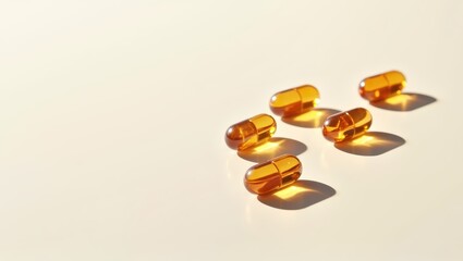 Amber Capsules Health Supplement on Beige Background