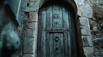 Aged Wooden Doorway in Stone Wall