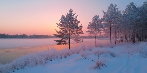 Snow-covered pine trees on a chilly evening. Generative Ai