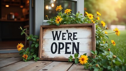 Rustic "We're Open" Sign with Yellow Flowers on Wooden Deck