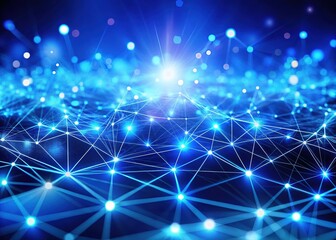 Fototapeta premium Abstract Blue Network Glowing Points Bokeh Panoramic