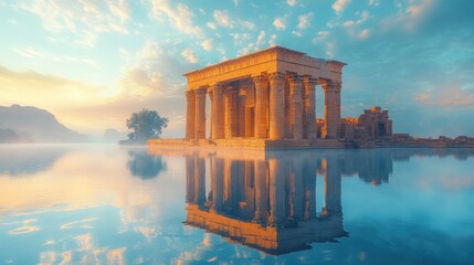 Obraz premium Serene sunrise over ancient temple reflected in still water.
