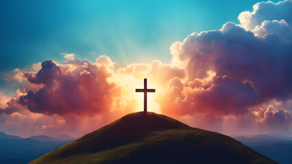 Fototapeta premium A cross is on top of a hill in the sky