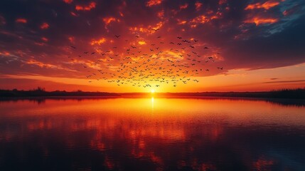 Naklejka premium Fiery sunset over calm lake, birds in flight.