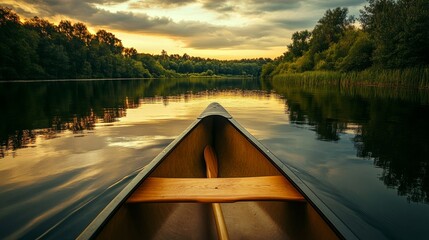 Fototapeta premium A picturesque canoeing adventure on a peaceful river, Canoe and paddles set against serene waters, River expedition style