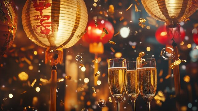 Chinese New Year Celebration with Champagne and Lanterns