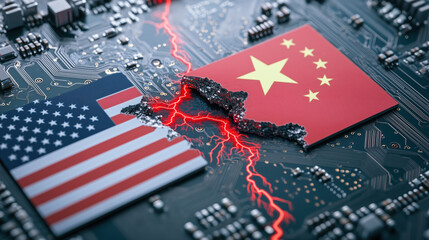 American flag and Chinese flag on circuit board with cracks, symbolizing tension