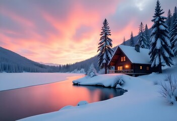 A snowy landscape at sunset, a frozen lake reflecting the sky’s fiery colors with tall snow-covered trees