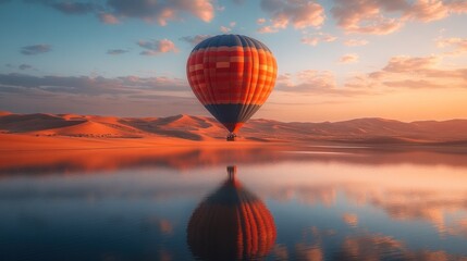 Obraz premium Hot air balloon reflecting in desert lake at sunrise.