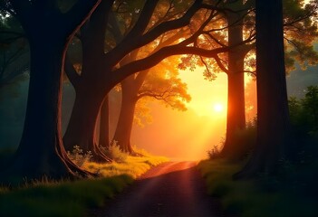 A dreamy sunset landscape in a magical forest, tall ancient trees with glowing leaves, a winding path illuminated by golden light