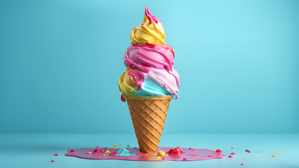 A colorful ice cream cone with pink, yellow, and blue ice cream
