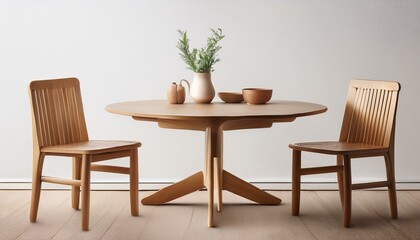 木製のシンプルな椅子と円形のテーブル、背景には白い壁と少しの小物が調和し、落ち着いたシンプルで清潔感のある空間を作り出す。

