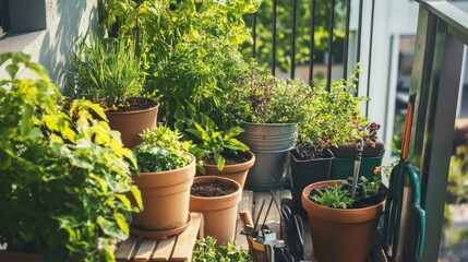 Fototapeta premium A picturesque herb garden setup on a balcony, Pots and gardening tools neatly arranged, Minimalist urban gardening style