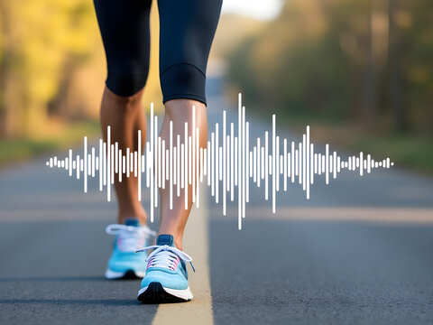 An abstract representation of a sound wave, symbolizing music or a podcast, floating over a blurred image of running shoes and a fitness outfit, suggesting the idea of a workout routine.