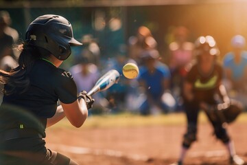 Action shot of young female softball player preparing to swing at a pitch during a game on a sunlit field with an audience in the background