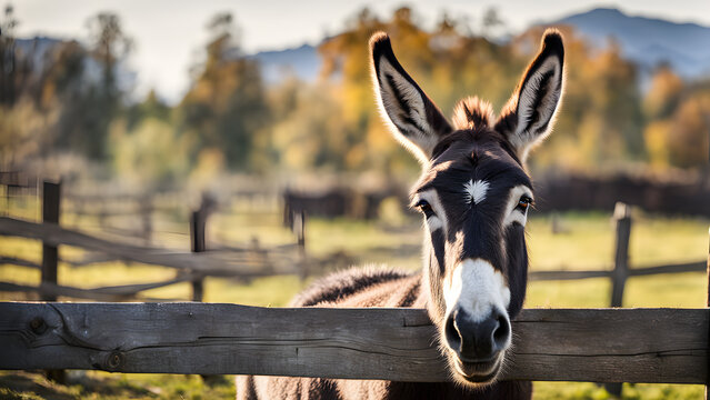 A donkey is standing in front of a wooden fence