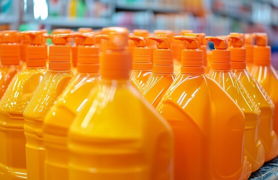 Bottles of orange and yellow laundry detergent on display at the market, stock photo, colorful, high-resolution photography, in the style of high definition quality