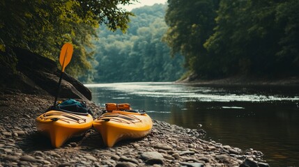 A picturesque kayak setup by a calm river, Kayaks and paddles neatly arranged on the shore, Minimalist aquatic style