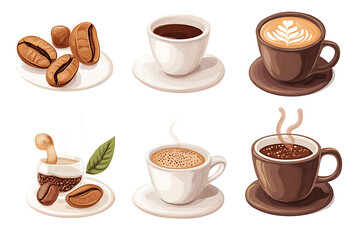 A collection of coffee-related illustrations showcasing various coffee cups and beans.