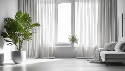 モノトーンで統一されたリビングルームに、窓辺に一つの観葉植物と白いカーテンが温かみを添えるシンプルで美しい空間。

