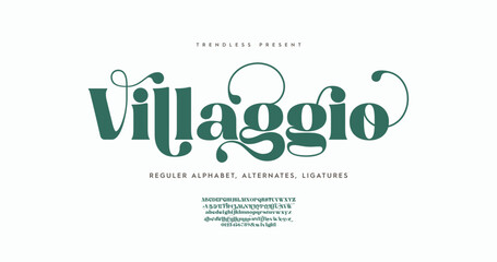 Villagio: Timeless serif font featuring uppercase, lowercase, ligatures, alternates, ampersands, and numbers. Perfect for minimal and elegant designs, blending romance and sophistication.